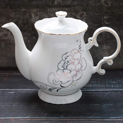 Jomop European Style Ceramic Flower Teapot Coffee Pot Water Pot Porcelain Gift Large 5.5 Cups (1, White)