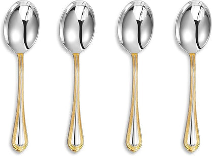 KEAWELL Pearl Edge 4-Piece Premium Spoon Set, 18/10 Stainless Steel, Fine Silverware Spoons with Refined Bead Design, Brightly Polished, Dishwasher Safe (Gold Accent, 6.3" Condiment Spoons)