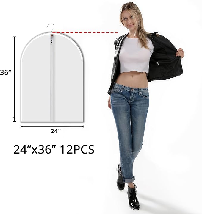 36" Women Suit Bags, Garment Bags For Hanging Clothes, Plastic Garment Bags for Closet Storage, Suit Cover Bags with Zipper for Short Coats, Jackets, Shirts 24"x36"/ 12 Pack (24" x 36" 12Pack)