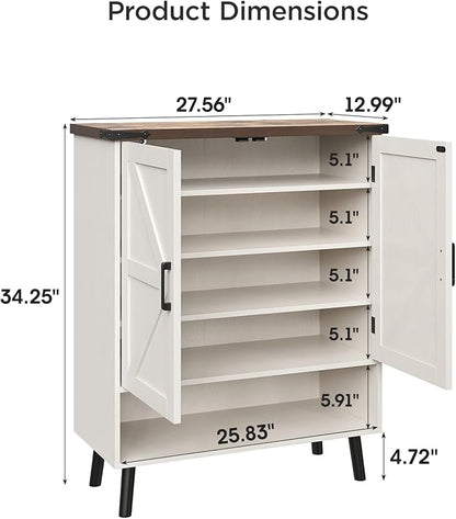 Vabches Farmhouse Shoe Storage Cabinet with Doors, 5 Tier Small Shoe Cabinet with Adjustable Shelves and Metal Legs, 34" Tall Shoe Rack Organizer for Entryway, Foyer, White
