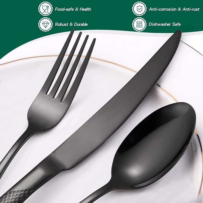 20-Piece Modern Black Hammered Silverware Set, 18/10 Stainless Steel Flatware