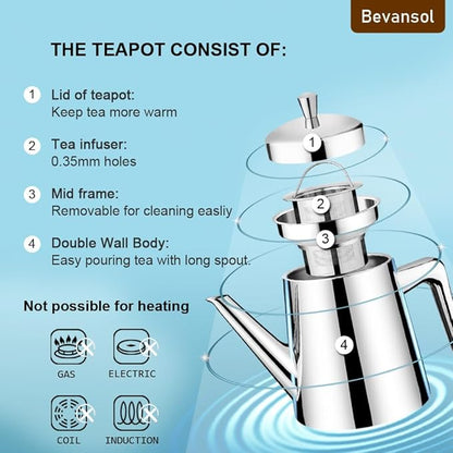 304 Stainless Steel Double-walled Teapot Long Strain Large Capacity Teapot with Infuser and Removable Filter for Home Restaurant Office Dinnerware Accessories Drinkware Item