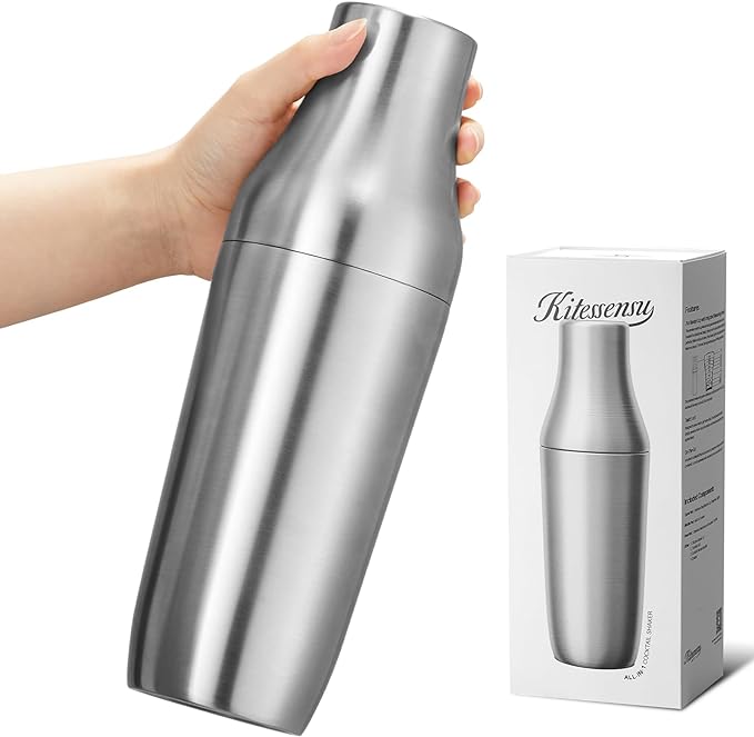 Kitessensu Hybrid Cocktail Shaker | Vacuum Insulated Stainless Steel Martini Shaker with Double Wall Martini Cup | Integrated Measuring System | Tumbler Lid & Cocktail Recipes Included | Silver