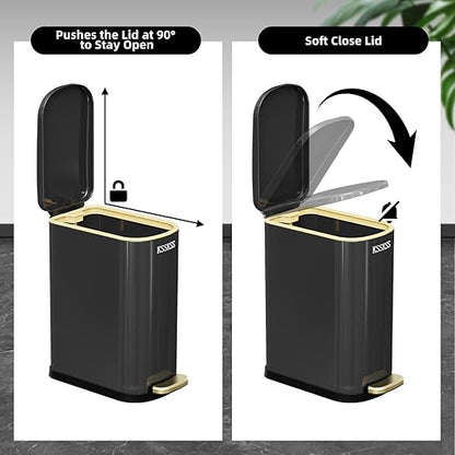 2.6 Gallon Slim Bathroom Trash Can with Soft-Close Foot Pedal, 10L Stainless Steel Garbage Can with Removable Liner Bucket, for Narrow Spaces,Bathroom, Bedroom (Titanium Black)