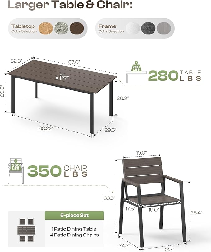 67" Rectangle HDPS Patio Dining Table, Aluminum Outdoor Patio Dining Table