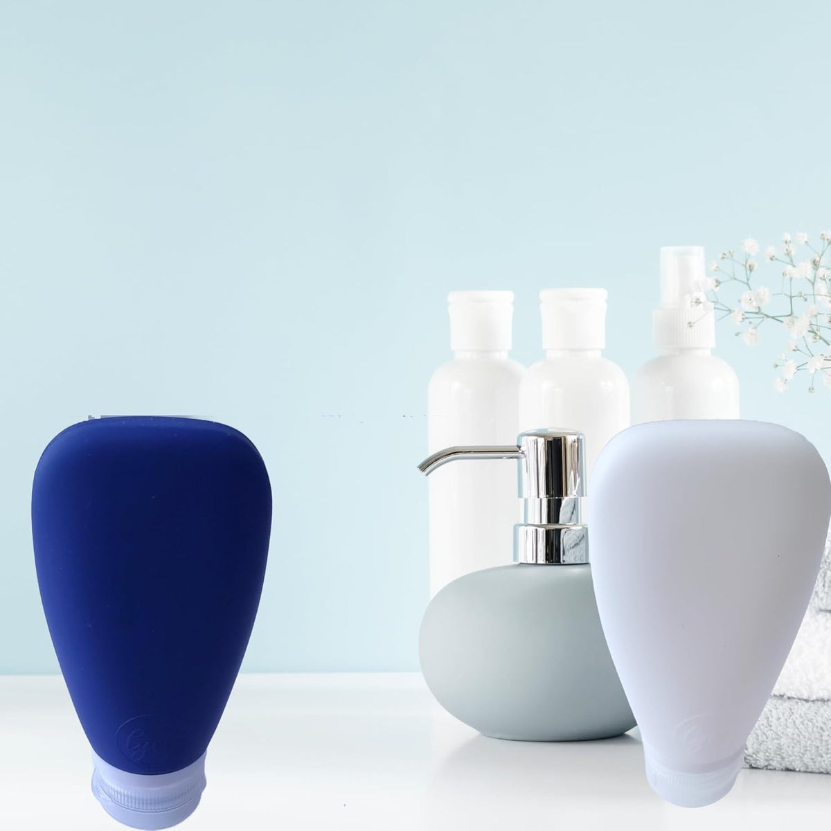 Travel Bottles for Toiletries, TSA Approved 3oz Leak Proof Silicone Refillable Squeeze Travel Size Containers BPA Free for Cleansers, Lotions, Shampoo 2pk (Navy Blue-White)