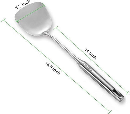 Wok Spatula Stainless Steel, Wide Metal Spatula with Hollow Long Handle Wok Utensils,Silver/14.7Inch