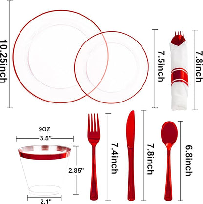 SUT 350 Pcs Red and Clear Plastic Dinnerware Set