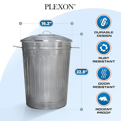 Plexon 2 Pack 13-Gallon Galvanized Steel Round Trash Can with Lid, Indoor and Outdoor Use, Durable Construction, Classic Design, Stylish