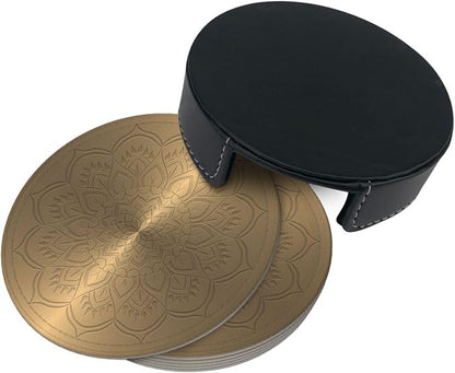 Drink Coasters with Holder Stand Set of 6, Mandala Rosette Engraving Pu Leather