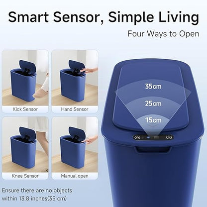 Automatic Motion Sensor Bathroom Trash Can with Lid, 2.6 Gallon Touchless Trash Bin, Smart Garbage Can Plastic Slim Wastebasket for Bedroom, Office, Dorm (Blue)