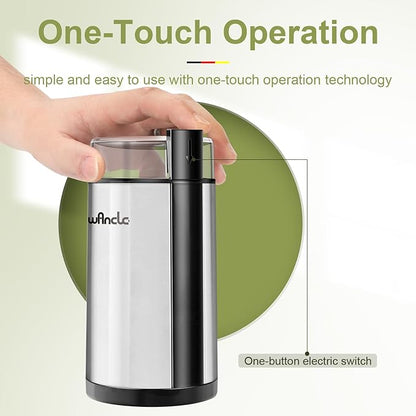 Coffee Grinder, Wancle Electric Coffee Grinder, Quiet Spice Grinder, One Touch Coffee Mill for Beans, Spices and More, with Clean Brush, Stainless Steel