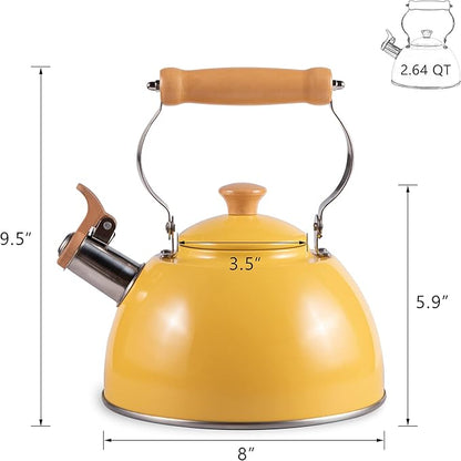 ROCKURWOK Tea Kettle, Tea Pot with Cool Touch Ergonomic Handle, Teapot Food Grade Stainless Steel, Tea Kettle Stovetop, Kettle Teapot, Whistling Tea Kettle, Tea Pot, 2.7 Quart (Yellow)