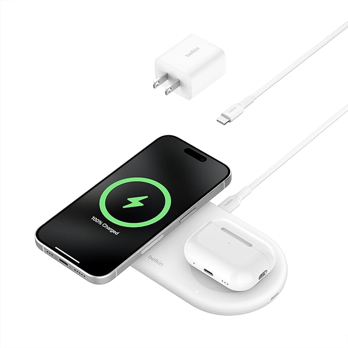Belkin 2-in-1 Wireless Charging Pad w/ Qi2 15W + Additional USB-C Port - MagSafe-Compatible Charger, Charging Station for iPhone 16 & 15 Series, Samsung Galaxy S25 Series, AirPods, & More - White