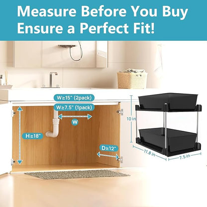 2 Pack 2 Tire Under Sink Organizer, Bathroom Organizers and Storage,Cabinet Drawers Bins, Pull-Out Organization with Track for Pantry, Kitchen,Fridge,Vanity Countertop (Black Clear