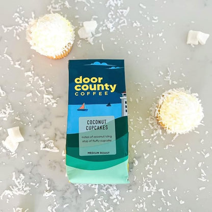 Door County Coffee Coconut Cupcakes Flavored Ground - 10 oz Bag - Flavored Ground Medium Roast - 100% Specialty Arabica - Flavored Gourmet - Coconut Cupcakes