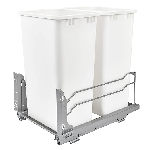 Rev-A-Shelf Double Pullout Trash Cans for Full Height Kitchen Cabinets 50 Quart 12.5 Gallon with Soft-Close Slides, White, 53WC-2150SCDM-211
