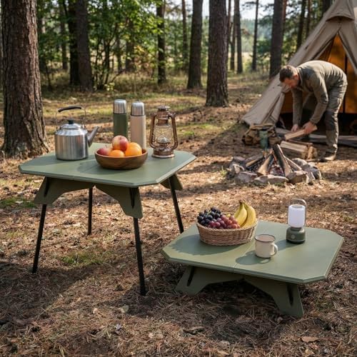 Folding Camping Table, 2-in-1 Adjustable Height Portable Outdoor Aluminum Camp Desk with Carrying Bag, Lightweight Foldable Table for Picnic, Beach, BBQ, Hiking, Fishing, Travel (Green)