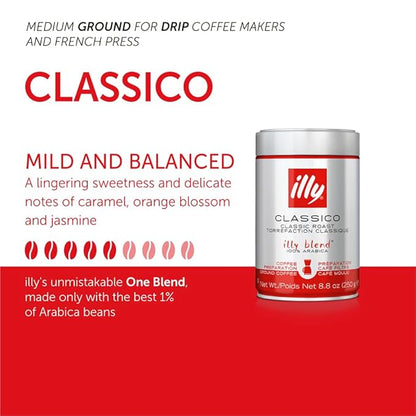 Illy Ground Drip Coffee - Classico Medium Roast - Mild & Balanced - 100% Arabica - Pre-Ground for Drip Pour Over - Pressurized Packaging Sealed for Freshness - 8.8oz (Pack of 6)