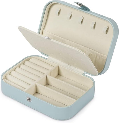 Travel Jewelry Box, PU leather Small Jewelry Organizer For Female Girls, double layer portable mini travel case for storing earrings, rings, necklaces.(Blue)