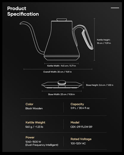 Cocinare FLOW B9 Gooseneck Electric Kettle, Precise Temperature Control for Pour-Over Coffee & Tea Brewing, Stainless Steel Interior, Rapid Heating for Boiling Water 1500W/0.9L (Obsidian Black)