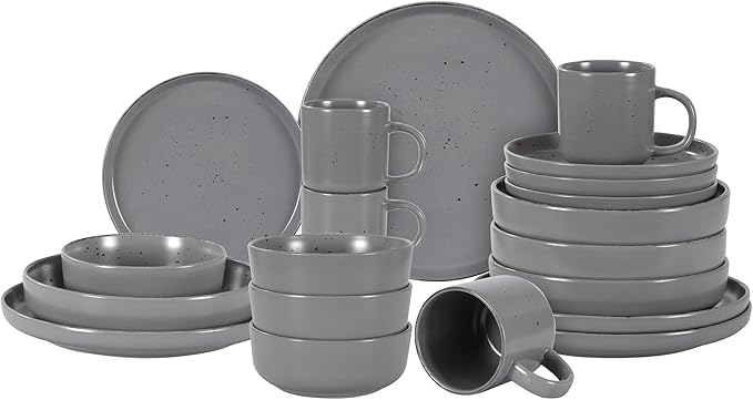 HomeVSS 20-Piece Dinnerware Set - Serves 4, Matte Grey Glaze plates and bowls sets with Speckle Effect for Microwave & Dishwasher Safe