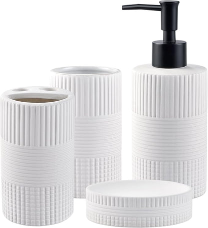 Bathroom Accessories Set of 4, Ceramic Bathroom Sets Complete-Toothbrush Holders, Soap Dispenser, Soap Dish, Toothbrush Cup, Modern Farmhouse Bathroom Decor, Bathroom Organizer for Countertop
