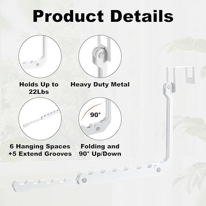 Over The Door Hooks Hangers, 1 Pack Extend Foldable Over The Door Drying Rack for Laundry, Overdoor Hanger Hook with 6 Groves + 5 Ertra Groves for Towel, Coat, White