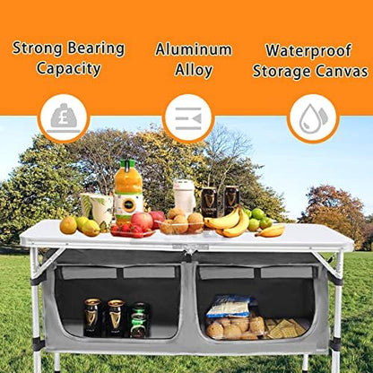 CampLand Outdoor Folding Table Aluminum Lightweight Height Adjustable with Storage Organizer for BBQ, Party, Camping