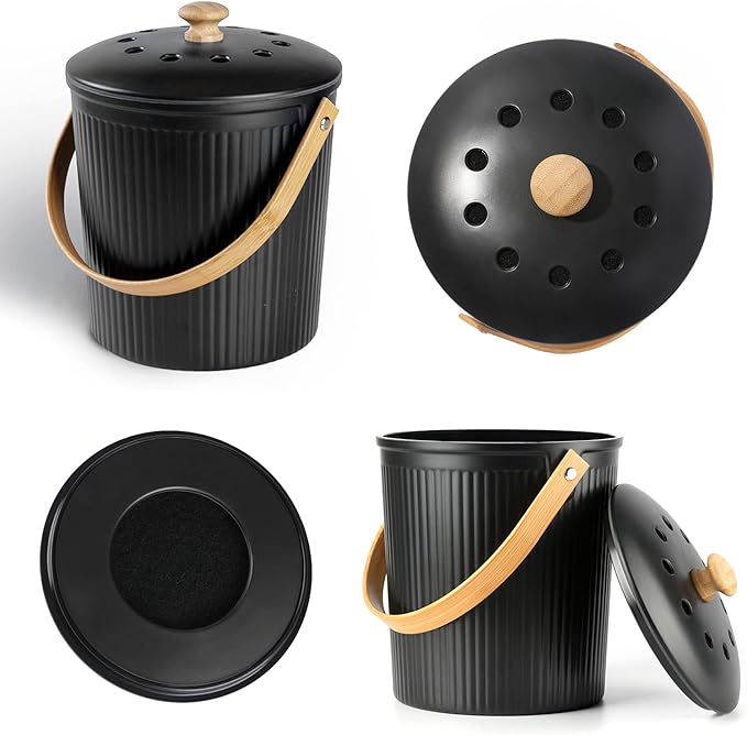Countertop Compost Bin, LALASTAR Compost Bin Kitchen with Lid, Made of Sustainable Bamboo Fiber, Indoor Food Composter for Kitchen, Odorless, 1 Gallon, Black