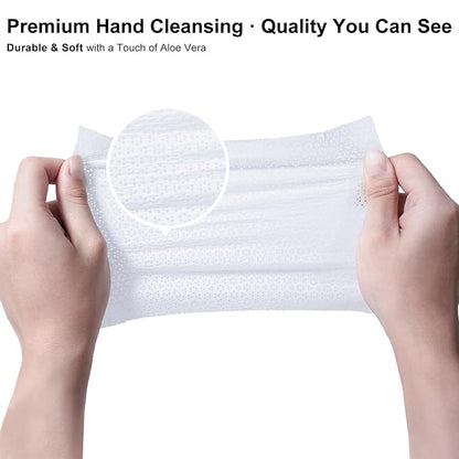 Premium Hand Sanitizing Wipes, 100 Count Non-Woven Wet Wipes Travel Size, Aloe Vera Scent, 70% Alcohol, Individually Wrapped, for Home, Office & Outdoor, Drawstring Bag Included