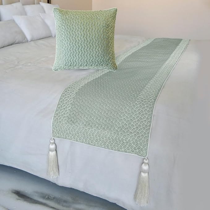 The HomeCentric King/Queen/Twin Blue Decorative Full 68"x18" Bed Runner with 2 Pillow Cover, Mosaic, Bead Embroidery, Handmade, Tassels Bed Scarf on Jacquard Fabric - Tessellation Blue