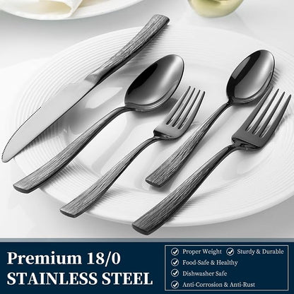 Black Hammered Silverware Set, Heavy Duty Flatware Set, 18/0 Stainless Steel