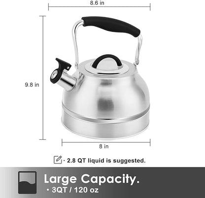 Rorence 3 Quart Tea Kettle: Stainless Steel Whistling Tea Pot with Capsule Bottom for Stovetop - Stainless Steel