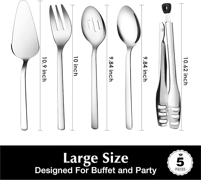 KINGSTONE Large Hostess Serving Utensils Set,18/10 Stainless Steel Heavy Duty 10inch Serving Spoons,Slotted Spoons,Serving Fork,Serving Tongs, Cake Pie Server For Buffet, Wedding, Party