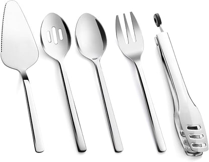 KINGSTONE Large Hostess Serving Utensils Set,18/10 Stainless Steel Heavy Duty 10inch Serving Spoons,Slotted Spoons,Serving Fork,Serving Tongs, Cake Pie Server For Buffet, Wedding, Party