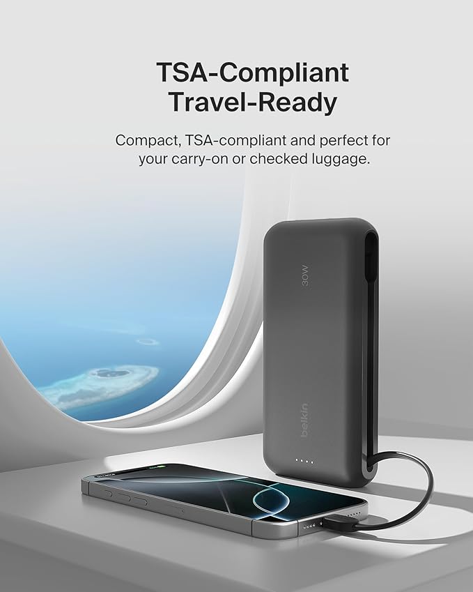 Belkin Portable Charger, Power Bank with Integrated Cable 20000 mAh 30W - Fast Charging USB C Power Delivery - iPhone 17, Air, Pro, Pro Max, iPad, AirPods, Apple Watch, Galaxy S25, & More - Black