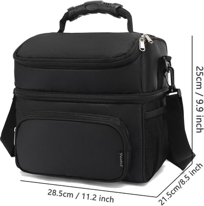 FlowFly Double Layer Cooler Insulated Lunch Bag Adult Lunch Box Large Tote Bag for Men, Women, With Adjustable Strap,Front Pocket and Dual Large Mesh Side Pockets