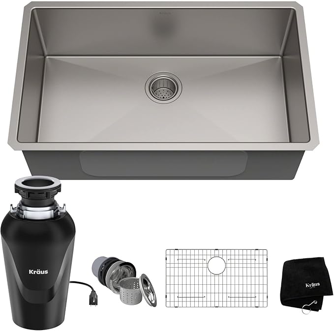 KRAUS Standart PRO™ 32-inch 16 Gauge Undermount Single Bowl Stainless Steel Kitchen Sink with WasteGuard™ Continuous Feed Garbage Disposal, KHU100-32-100-75MB
