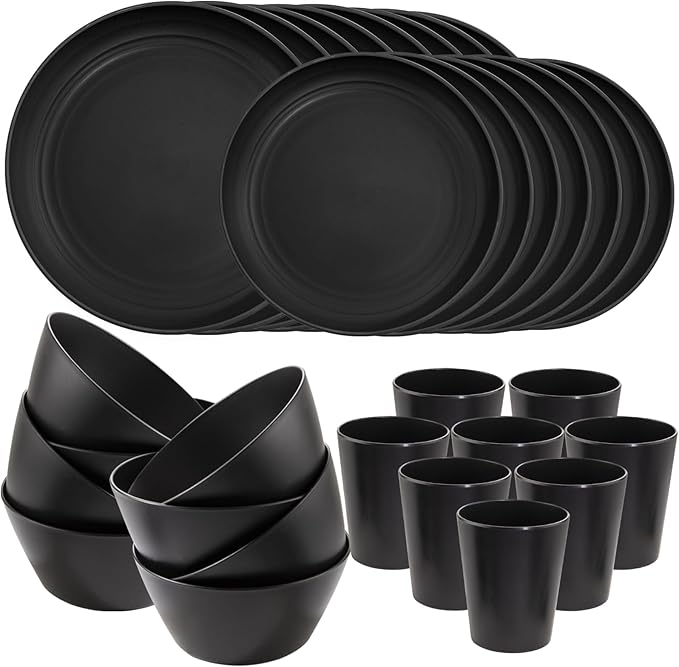 LIYH 48 Pcs Black Wheat Straw Plates and Bowls Dinnerware Set Camping Dish Set for 12, Plastic Plates and Bowls, Dishwasher Safe Dinnerware Sets, Unbreakable Plastic Camper Dishes Sets