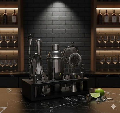 Highball & Chaser 13-Piece Cobbler Cocktail Shaker Set: Black Polished Stainless Steel Bartender Kit for Home Bar Set | Laser Engraved Tools Plus E-Book with 30 Recipes
