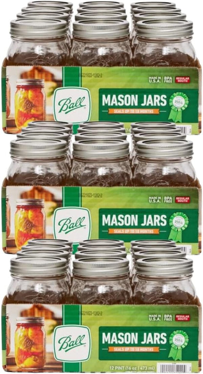 Ball Regular Mouth Glass Mason Jars with Lids and Bands, Used for Canning (Pint, 16 Ounce (Pack of 36))