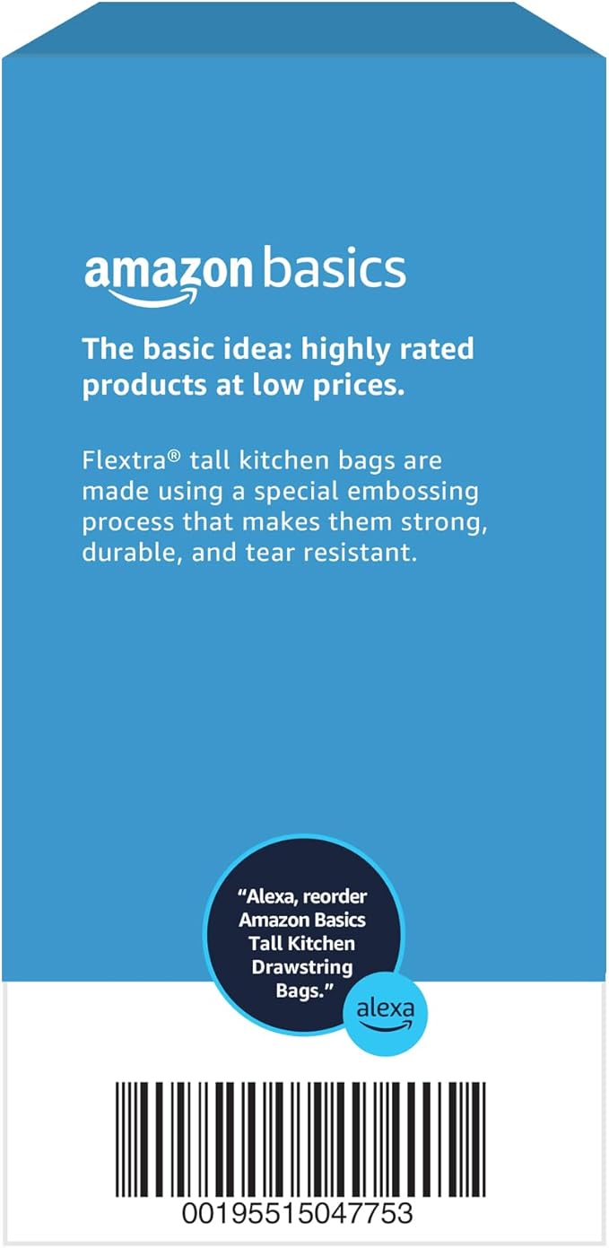 Amazon Basics 13 Gallon Flextra Strength Tall Kitchen Drawstring Trash Bags, Clean Fresh Scnet, Tear Resistant, 10% Post Consumer Recycled, 120 Count