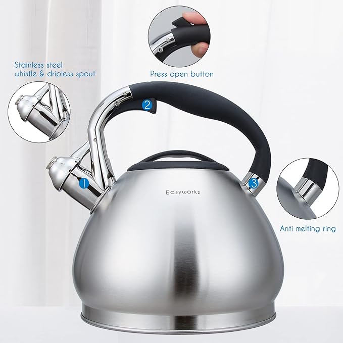 Easyworkz Whistling Stovetop Tea Kettle Food Grade Stainless Steel Hot Water Tea Pot With Loud Whistle,3.1 Quart(3.0l)