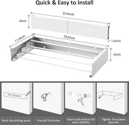 Laundry Drying Rack, Collapsible Wall Mounted Clothes Drying Rack - Drying Rack Clothing Foldable,Space Saving, 31.5" Wide, 13.2 Linear Ft, 5 Aluminum Rods, 60 lb Capacity (White, 23.6")