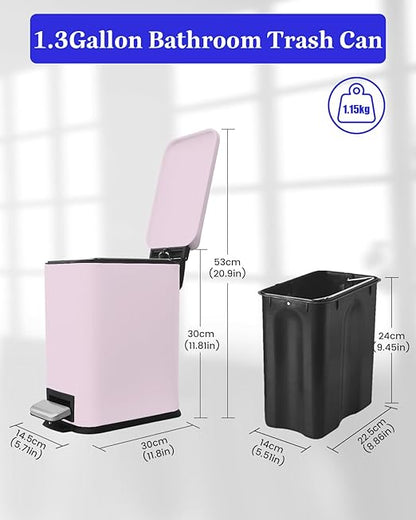 Bathroom Trash Can with Lid, 1.3 Gallon Trash Can with Removable Inner Bucket, Stainless Steel Garbage Can, Soft Close, Slim Pedal Trash Bin for Small Place, 5 Liters, Pink