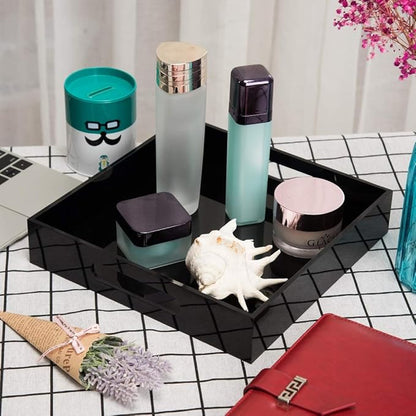 Glossy Black Sturdy Acrylic Serving Tray with Handles-10x10Inch-Serving Coffee,Food,Breakfast,Butler-Kitchen Countertop Tray-Makeup Drawer Organizer-Vanity Table,Ottoman Tray-Decorative Tray