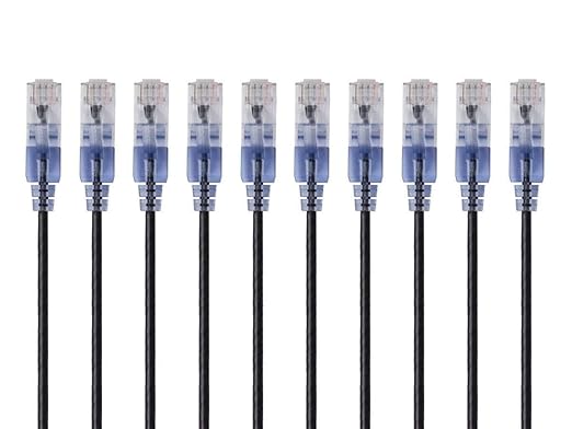 Monoprice Cat6A 2ft Blue 10-Pk Patch Cable UTP 30AWG 10G Pure Bare Copper Snagless RJ45 SlimRun Series Ethernet Cable