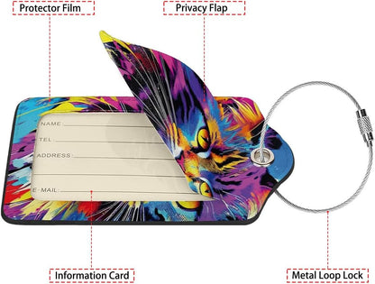 Colorful Cat 2 Pack Luggage Tag for Suitcase, Leather Bag Tags Identifiers Privacy Cover ID Label with Steel Loop for Women Men Kids Girls Travel