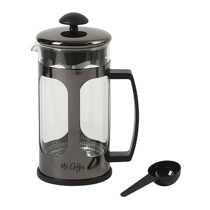 Mr. Coffee Daily Brew French Press Coffee Maker, 30-Ounce Glass Carafe with High Heat Resistant Durable Borasilicate Glass & Gunmetal Frame and Plunger, Includes Coffee Scoop